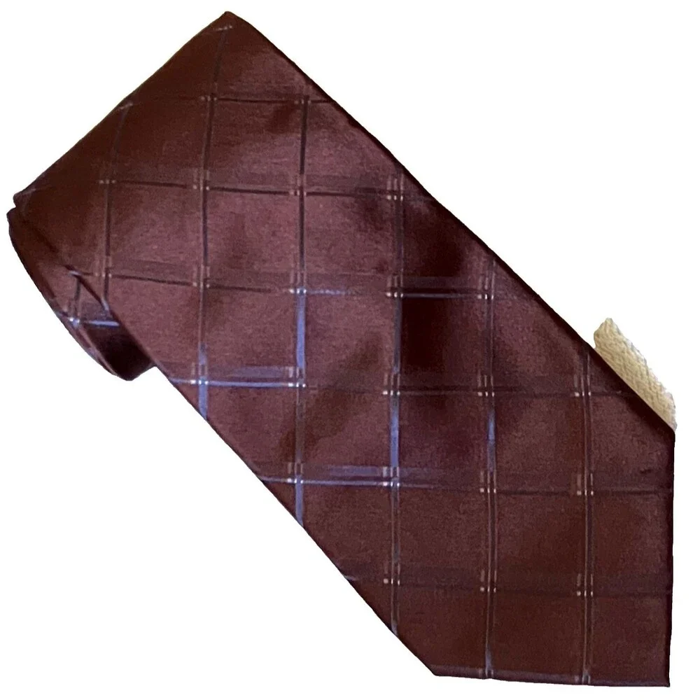 Banana Republic Tie Iridescent Plaid Maroon Red Brown Silk Preppy Career